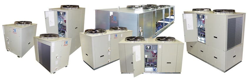 A collection of diverse A2L air-cooled scroll chillers displayed together, showcasing different styles and sizes of cooling equipment.