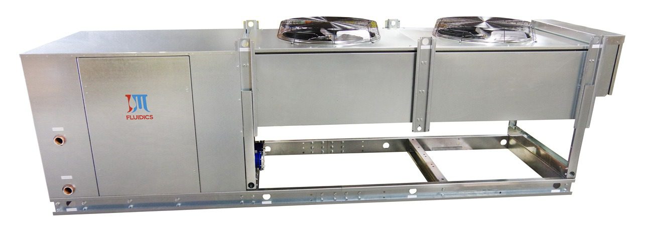 A large industrial air conditioning unit featuring two prominent fans, designed for efficient cooling in commercial spaces.