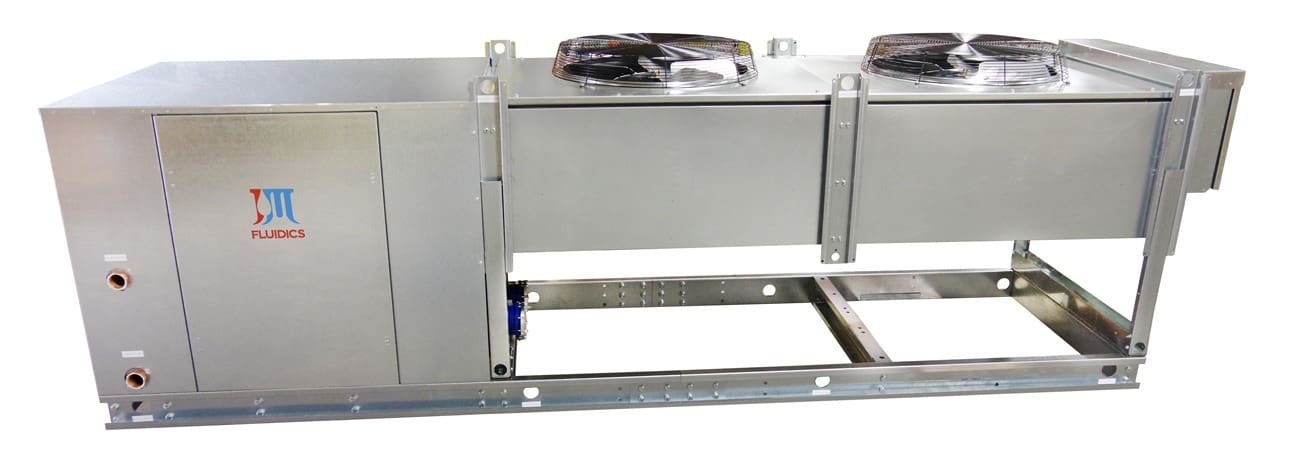 A large industrial air conditioning unit featuring two prominent fans, designed for efficient cooling in commercial spaces.