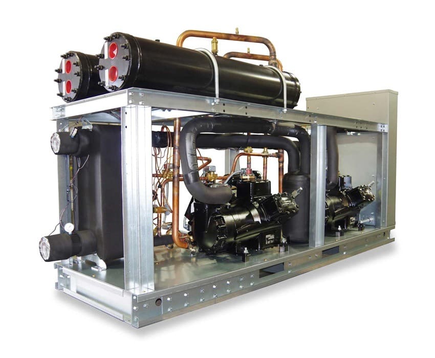 62.5 Nominal Ton, Dual-Circuit, Water Cooled Chiller (2) Semi-Hermetic Compressors Back/Side View