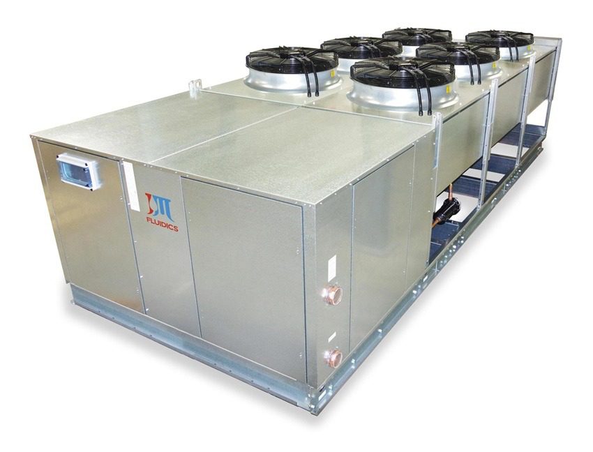 PZA100M 100 Ton, Air-Cooled (4) Scroll Compressor Chiller Shown with ECM Fan Motors with Above User-Friendly Touchscreen Display and Weather Prod Cover