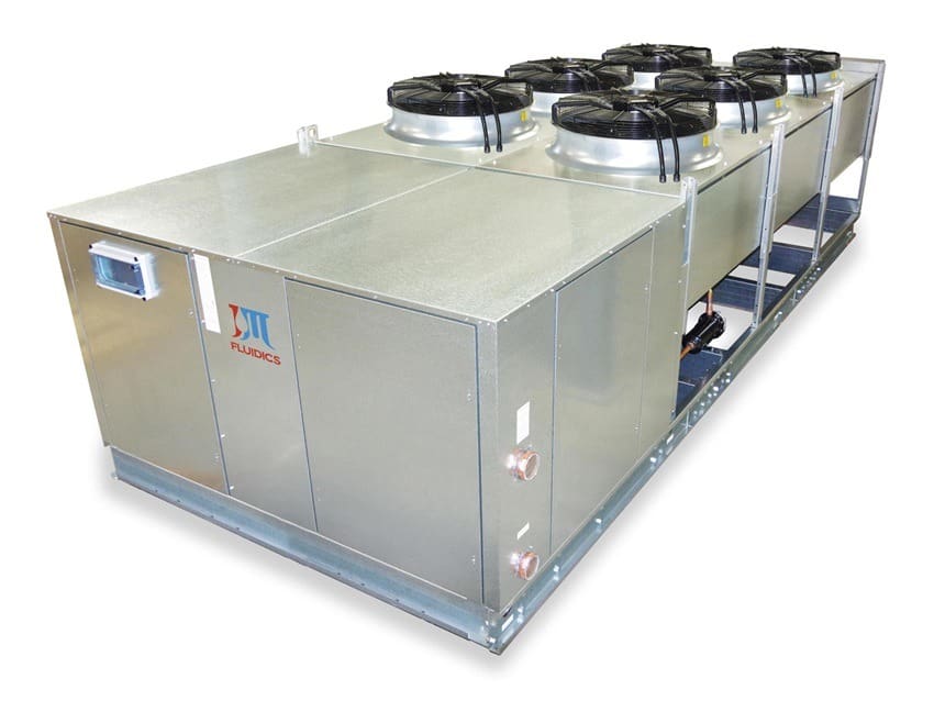 PZA100M 100 Ton, Air-Cooled (4) Scroll Compressor Chiller Shown with ECM Fan Motors with Above User-Friendly Touchscreen Display and Weather Prod Cover