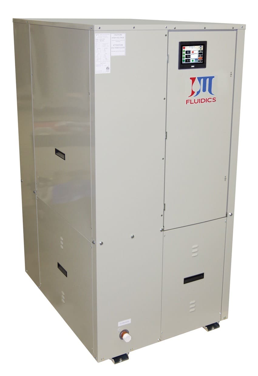 A large industrial water-cooled scroll chiller featuring an electronic control panel for efficient temperature management.