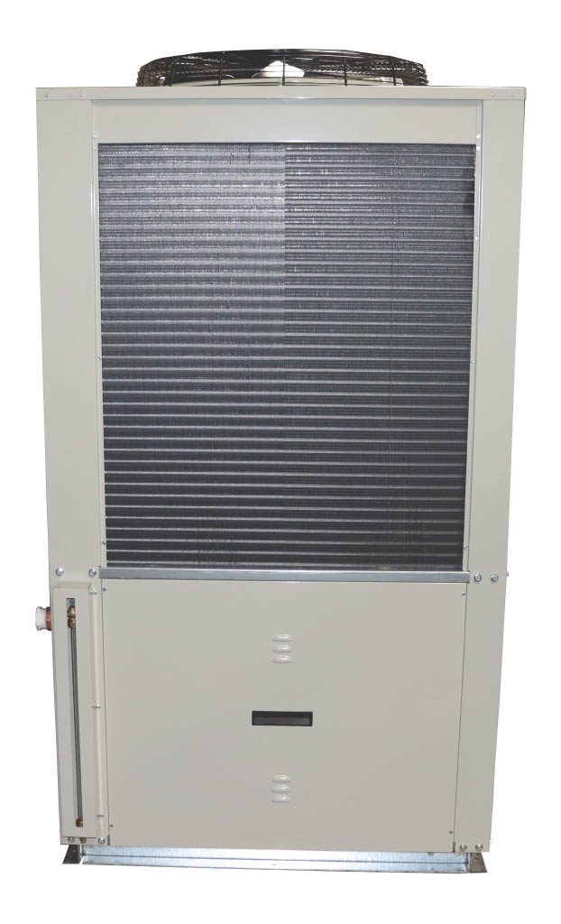 Packaged air cooled scroll chiller with fluid sight glass attachment on back