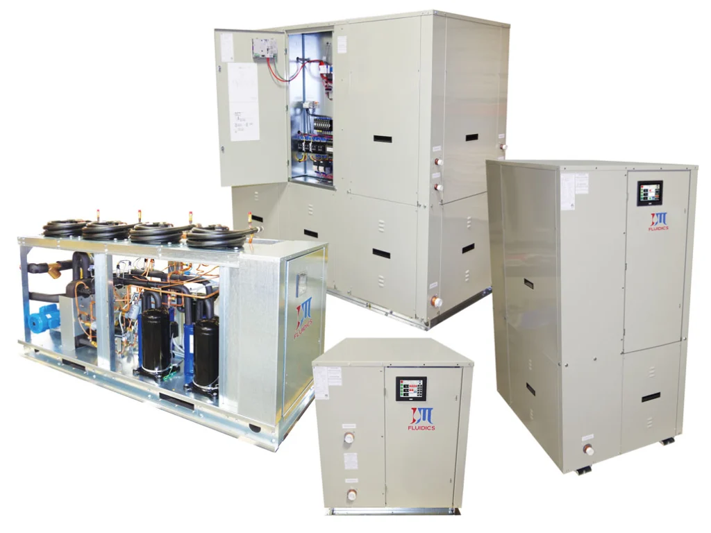 a group of industrial water-cooled process chillers. Varying in size, hp, and output capacity
